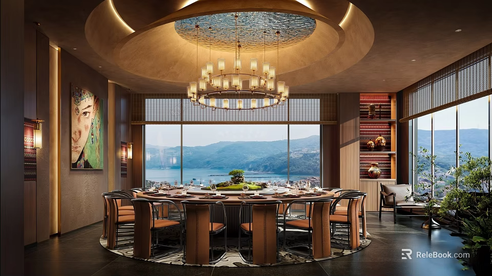 Elegant Private Dining Room With Round Table Chandelier And Scenic Mountain View 3d model