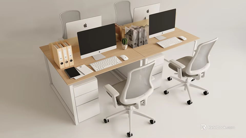 Modern Office Desk With Dual Computer Monitors Ergonomic Chairs File Cabinets Folders And Potted Plant 3d model 