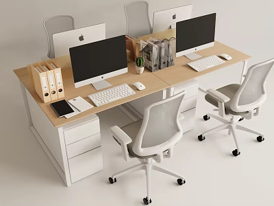 Modern Office Desk With Dual Computer Monitors Ergonomic Chairs File Cabinets Folders And Potted Plant 3d model