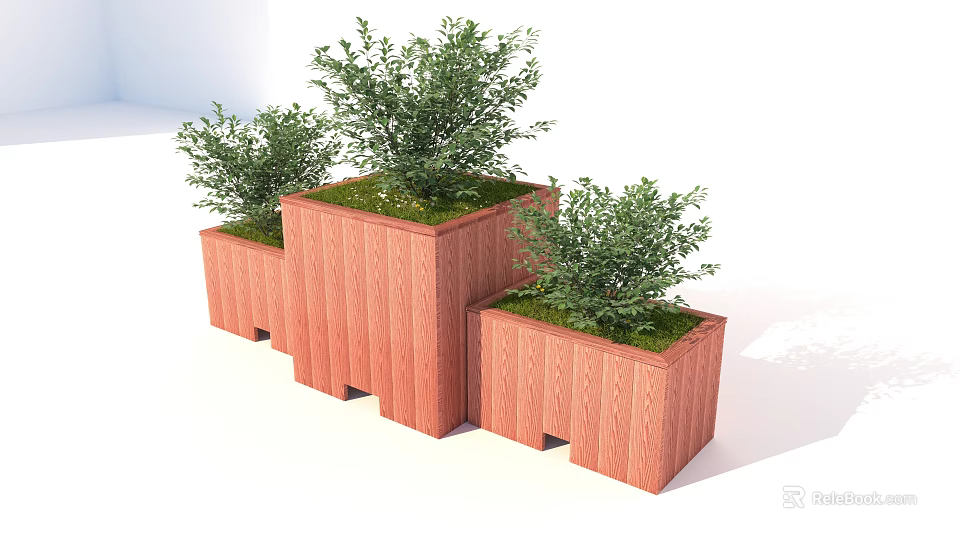 Wooden Flower Planters with Lush Green Plants in Modern Outdoor Arrangement 3d model 