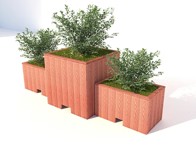 Wooden Flower Planters with Lush Green Plants in Modern Outdoor Arrangement 3d model