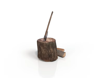Natural Tree Stump With Axe And Wooden Logs In Rustic Setting 3d model