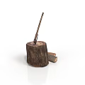 Natural Tree Stump With Axe And Wooden Logs In Rustic Setting