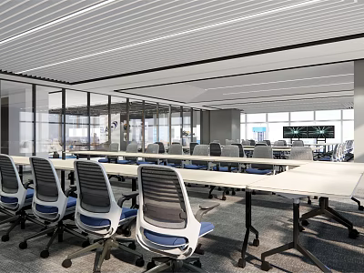Modern Conference Room Interior with Long Table Office Chairs Large Windows and Electronic Screen 3d model