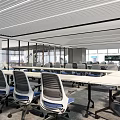 Modern Conference Room Interior with Long Table Office Chairs Large Windows and Electronic Screen