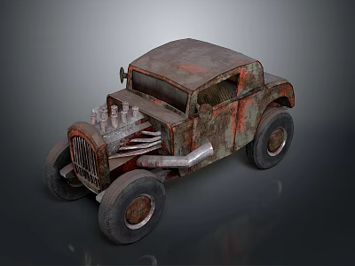 Rusty Old Modified Vintage Car With Exposed Engine Parts And Rusted Body 3d model