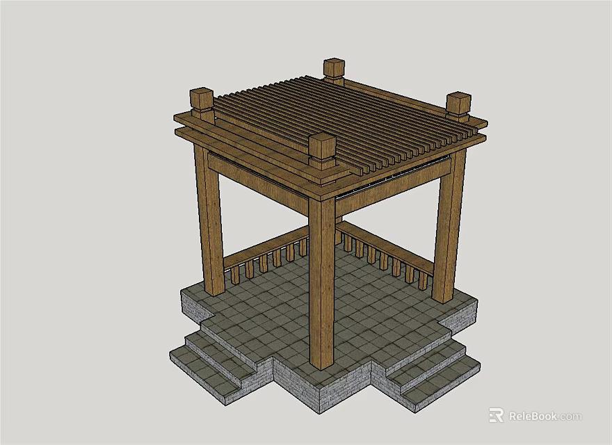 Traditional Garden Landscape Featuring Wooden Pavilion with Stone Platform Stairs and Balustrade Design 3d model 
