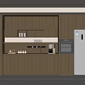 Modern Kitchen Interior Featuring Wooden Sideboard With Cabinets Drawers Shelves Cups Oven And Refrigerator