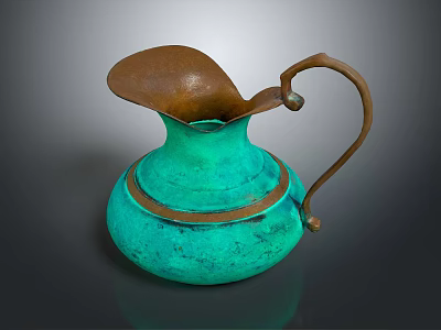Antique Bronze Wine Vessel With Turquoise Green Patina And Brown Spout Handle Design 3d model