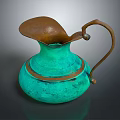 Antique Bronze Wine Vessel With Turquoise Green Patina And Brown Spout Handle Design