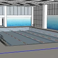 Indoor Swimming Pool with Modern Interior Blue Mural White Ceiling Lane Dividers and Swimmers