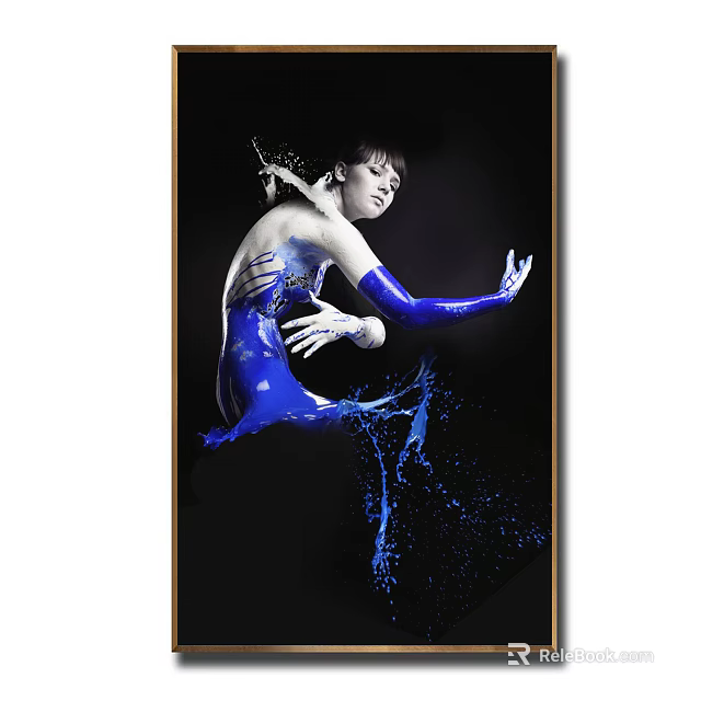 Female Figure Painting In Blue Costume With Dynamic Pose And Splashing Water On Black Background 3d model 