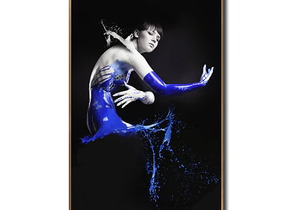 Female Figure Painting In Blue Costume With Dynamic Pose And Splashing Water On Black Background 3d model