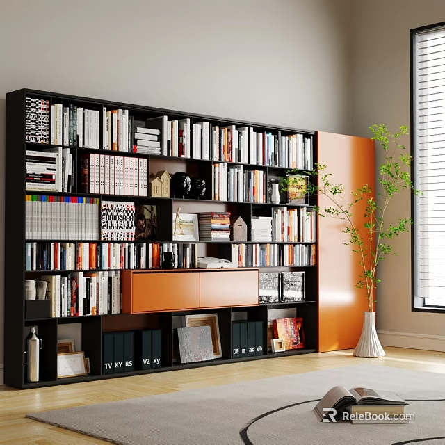 Modern Black And Orange Bookcase With Various Books Decorative Items And Potted Plant 3d model 