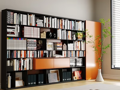 Modern Black And Orange Bookcase With Various Books Decorative Items And Potted Plant 3d model
