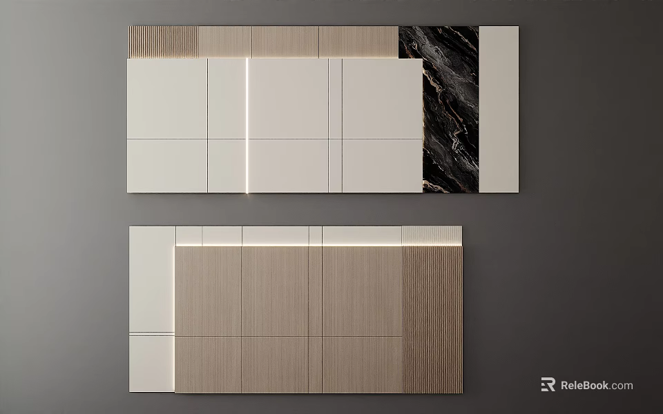 Modern Background Wall With White Wood Grain Panels And Marble Texture Geometric Patchwork Design 3d model 