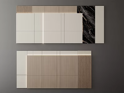 Modern Background Wall With White Wood Grain Panels And Marble Texture Geometric Patchwork Design 3d model