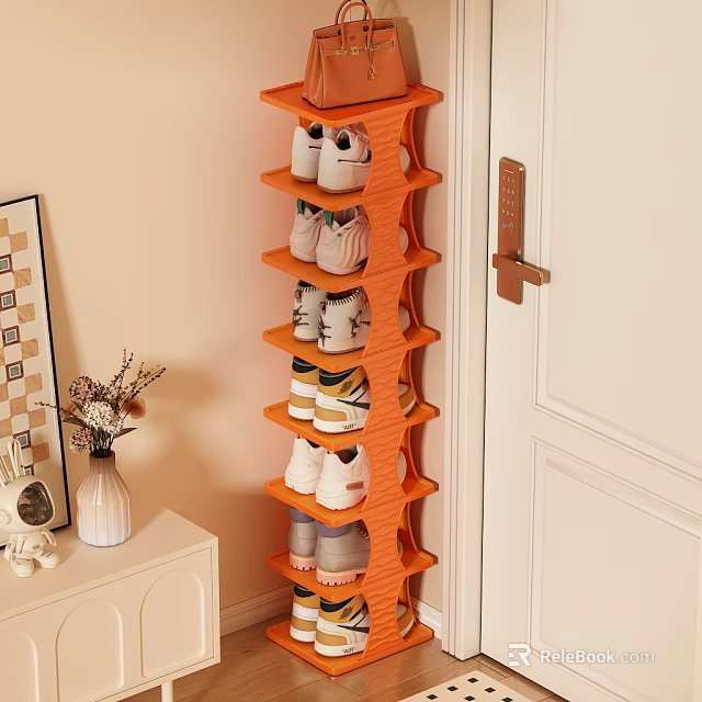 Orange Multi Layer Shoe Rack with Decorative Vase and Small Cabinet 3d model 