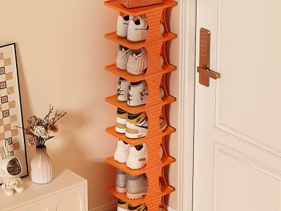 Orange Multi Layer Shoe Rack with Decorative Vase and Small Cabinet 3d model