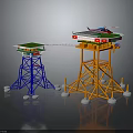 Blue And Orange Tower Structures With Top Platforms Helicopter And White Base Supports 3d model