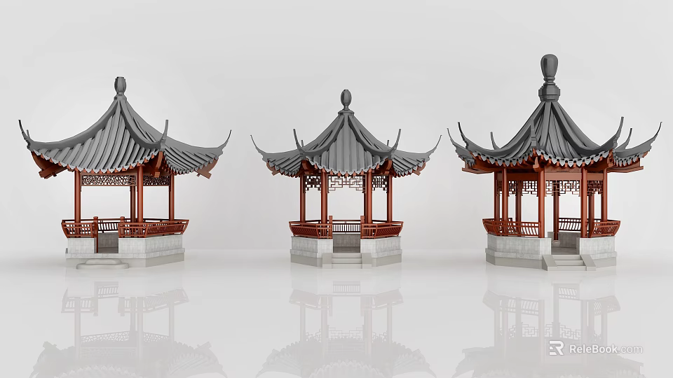 Traditional Chinese Pavilions With Grey Tiled Roofs And Red Wooden Columns 3d model 
