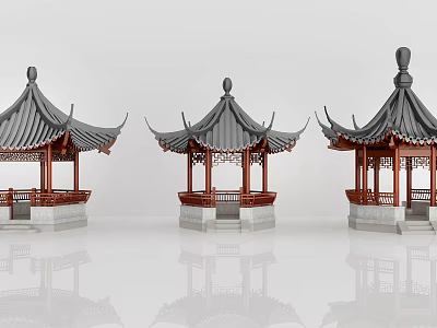 Traditional Chinese Pavilions With Grey Tiled Roofs And Red Wooden Columns 3d model