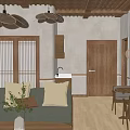 Cozy Natural Living Dining Room Interior With Wooden Ceiling Rattan Sofa And Dining Table