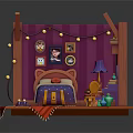 Cartoon Room Interior Scene With Wooden Frame Purple Curtains Blue Star Bed And Red Rug