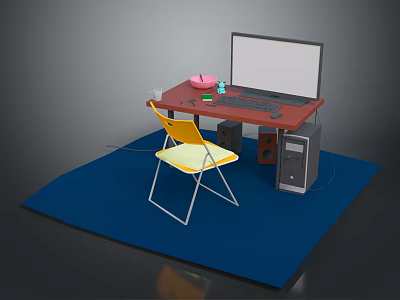 Red Home Office Desk With Yellow Chair Computer And Desktop Items On Blue Rug 3d model