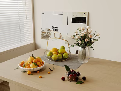 Assorted Fresh Fruits On Wooden Table With Vase And Art 3d model