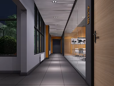 Modern Office Corridor Design With Glass Windows Tiled Floor Wooden Door And Ceiling Lights 3d model