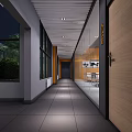 Modern Office Corridor Design With Glass Windows Tiled Floor Wooden Door And Ceiling Lights