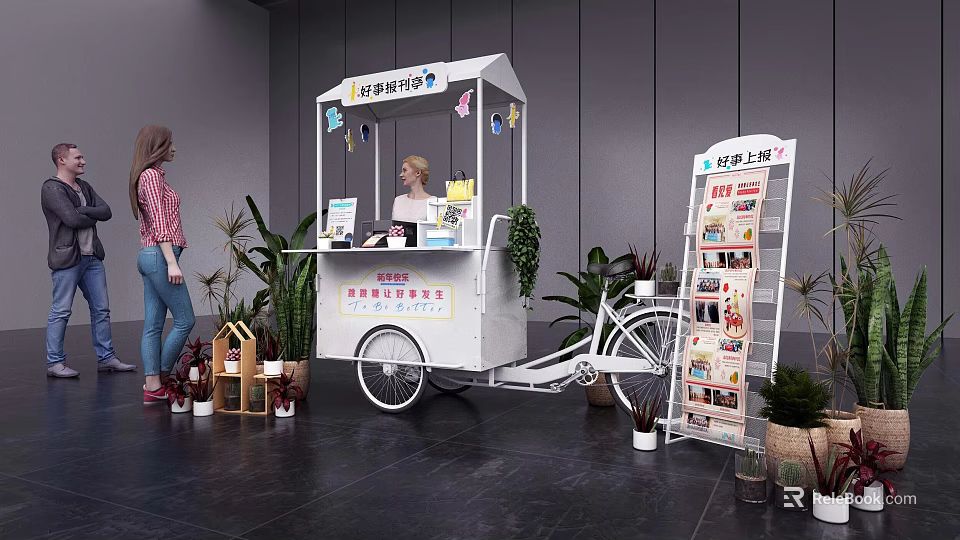 Mobile Milk Tea Snack Cart With Bicycle Trailer Person Ordering And Menu Board 3d model 