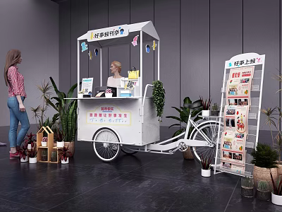 Mobile Milk Tea Snack Cart With Bicycle Trailer Person Ordering And Menu Board 3d model