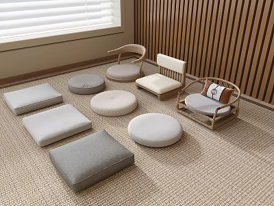 Japanese Style Tea Table And Chairs With Tatami Floor Cushions And Wooden Wall 3d model