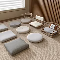 Japanese Style Tea Table And Chairs With Tatami Floor Cushions And Wooden Wall