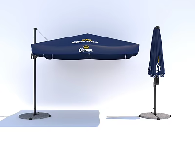Outdoor Square And Straight Pole Umbrellas Featuring Blue Canopy With Corona Logo 3d model