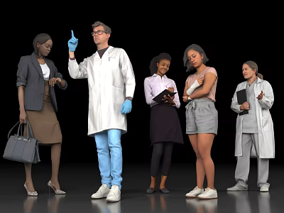 Diverse Group of People With Doctor in Lab Coat Pointing and Individuals Holding Clipboards 3d model