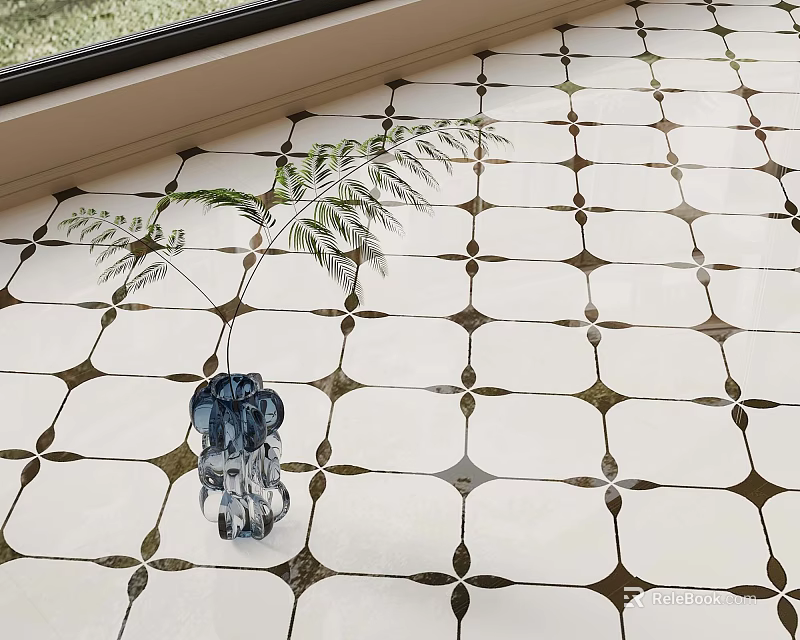Stylish Tile Floor With Geometric Pattern Blue Elephant Figurine And Green Fern Plant 3d model 