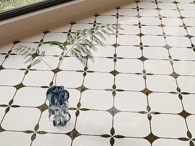 Stylish Tile Floor With Geometric Pattern Blue Elephant Figurine And Green Fern Plant 3d model