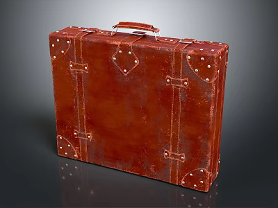 Vintage Brown Leather Suitcase With Brass Rivets And Leather Straps 3d model