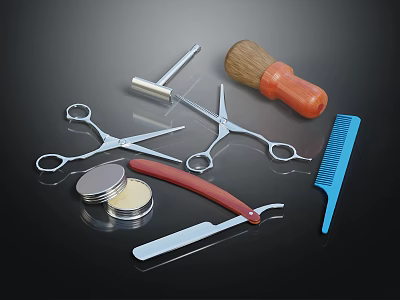 Professional Barber Grooming Tools Including Scissors Razor Brush Comb And Metal Container 3d model