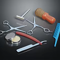 Professional Barber Grooming Tools Including Scissors Razor Brush Comb And Metal Container