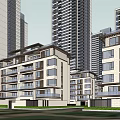 Modern High Rise Residential Buildings With Low Rise Structures And Green Spaces