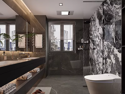Modern Luxury Dark Marble Bathroom Interior With Double Vanity And Freestanding Bathtub Glass Shower Area 3d model
