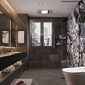 Modern Luxury Dark Marble Bathroom Interior With Double Vanity And Freestanding Bathtub Glass Shower Area