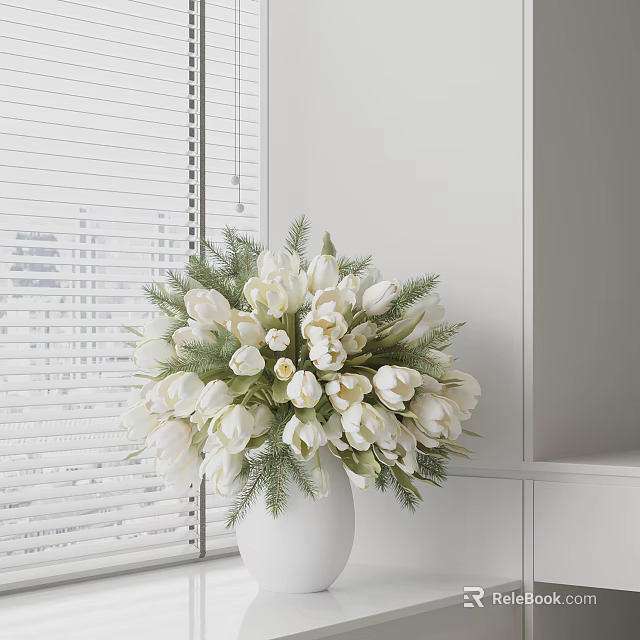 White Vase With White Tulips And Pine Branches Placed By Window With Blinds 3d model