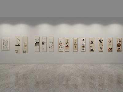Elegant Traditional Chinese Paintings Arranged On Gallery Wall With Spotlight Lighting 3d model