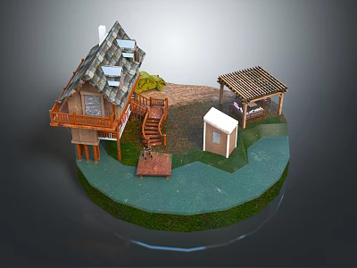 Modern Miniature Scene Featuring Wooden Cabin Gazebo Staircase Small Shed and Green Lawn 3d model