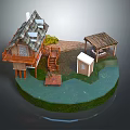 Modern Miniature Scene Featuring Wooden Cabin Gazebo Staircase Small Shed and Green Lawn